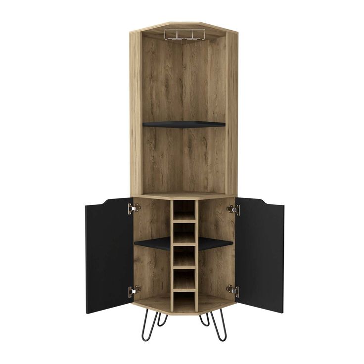 a wooden cabinet with two shelves and black doors