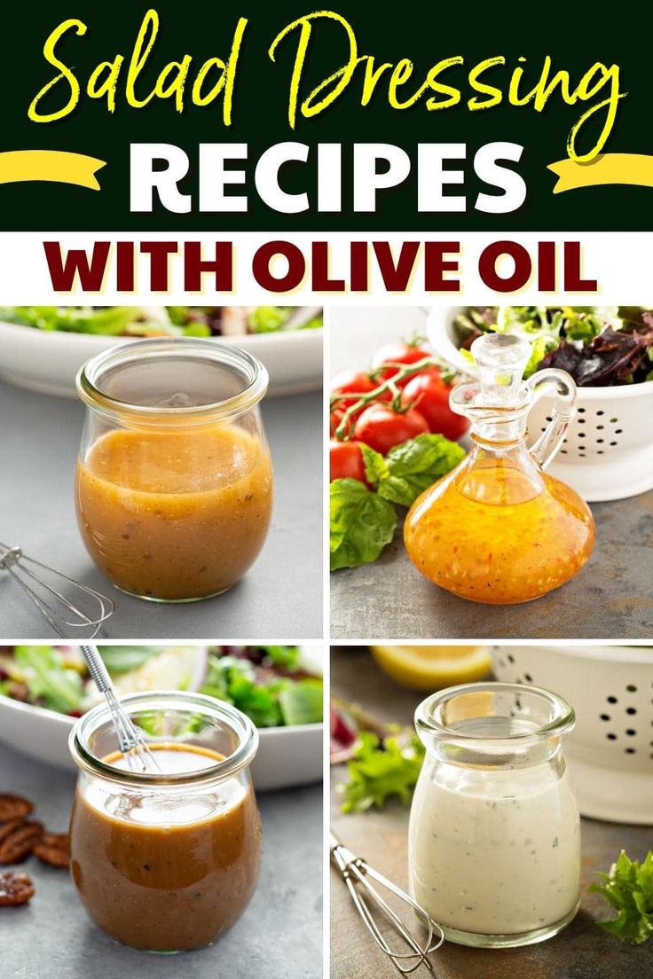 several pictures of salad dressings with olive oil