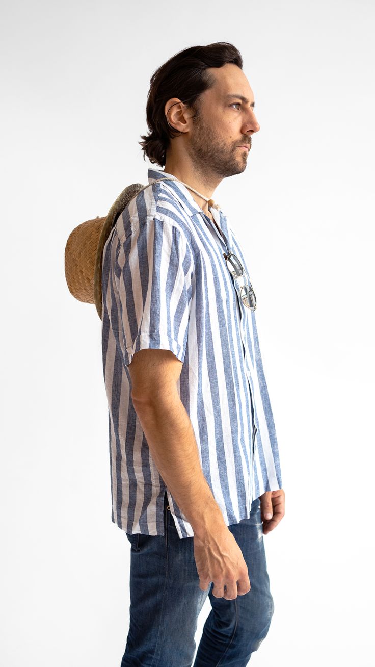 Man wearing striped cabana shirt Mens Stripes, Pool Patio, Luxury Resort, Linen Blend, Work Wear, Open Shoulder Tops, Mens Shirts, Cafe, Pool