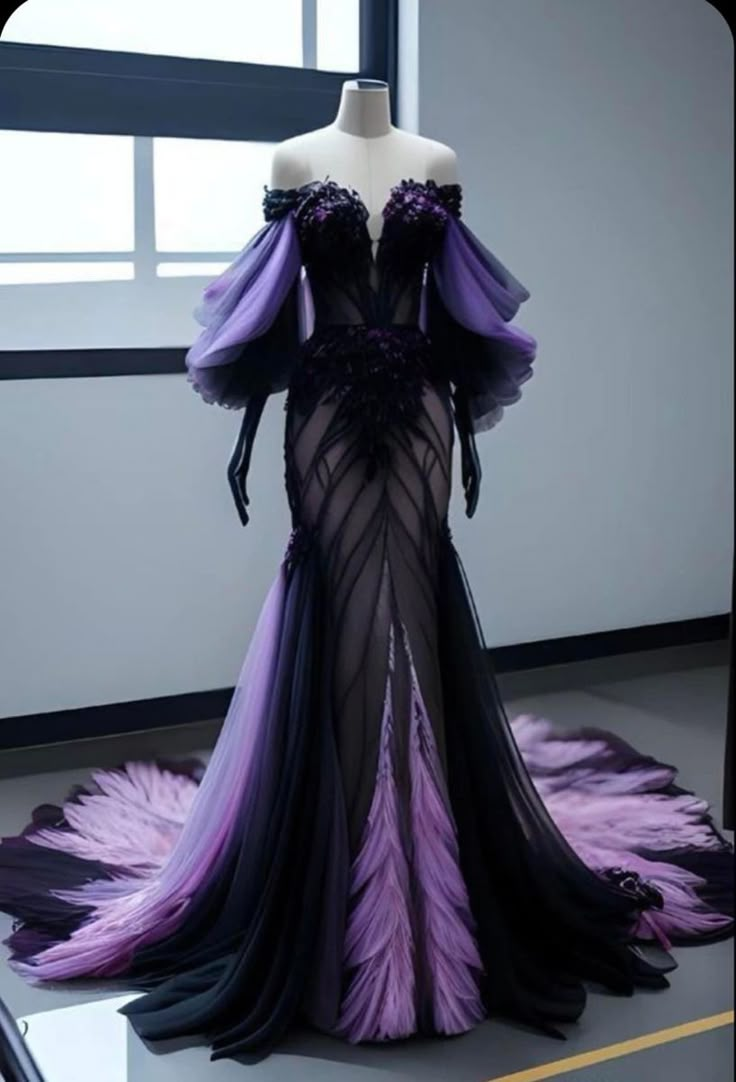 Purple Robe Aesthetic, Purple And Red Wedding Dress, Fancy Purple Dresses, Masquerade Ball Gowns Purple, Purple And Black Wedding Dress, Indigo Wedding Dress, Dark Fantasy Gown, Purple Aesthetic Clothes, Fancy Purple Dress