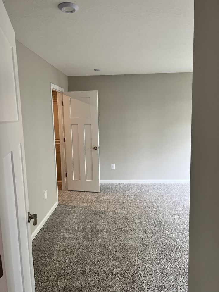 an empty room with carpeted flooring and white door in the center, looking into another room