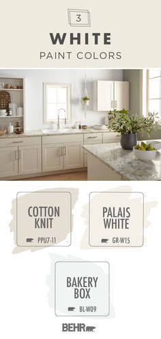 white paint colors for kitchen cabinets and countertops with the words below it in black