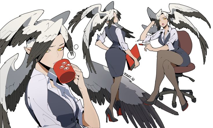 an anime character holding a coffee cup with two wings on her head, and another person sitting