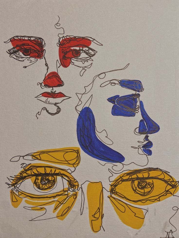 a drawing of two women's faces with different colored eyes