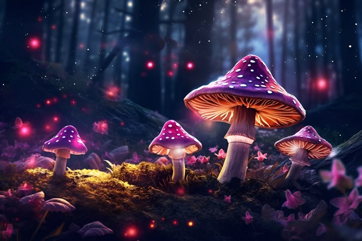 three mushrooms in the middle of a forest filled with pink flowers and glowing stars at night