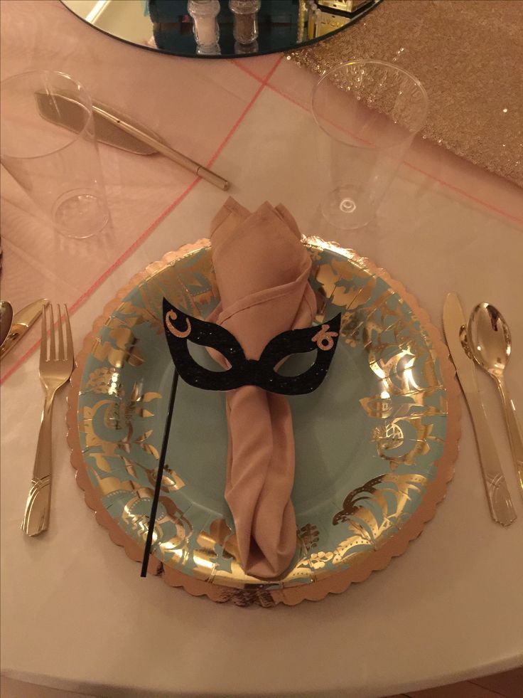 a plate with a mask on it sitting on a table