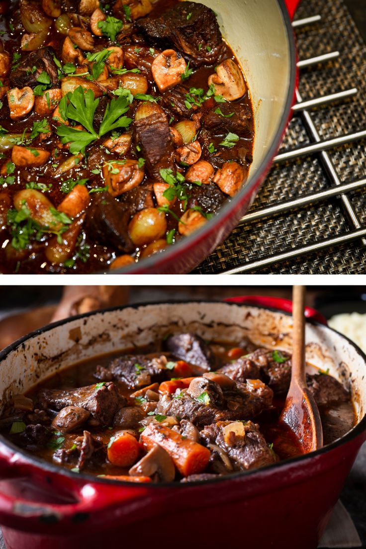 two pictures side by side one has beef and the other has potatoes in it with parsley