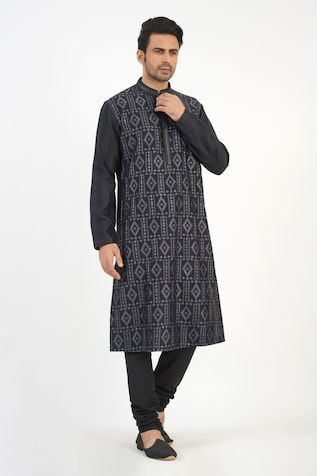 Black chanderi kurta with geometric thread embroidery. Comes with churidar. - Aza Fashions Black Chikankari Chanderi Sherwani, Black Chanderi Sherwani For Navratri, Designer Black Cotton Sherwani, Eid Designer Wear Kurta With Woven Motifs, Traditional Black Cotton Bandhgala, Fitted Kurta With Woven Motifs For Transitional Season, Designer Black Cotton Churidar, Chanderi Straight Kurta With Woven Motifs, Straight Chanderi Kurta With Woven Motifs