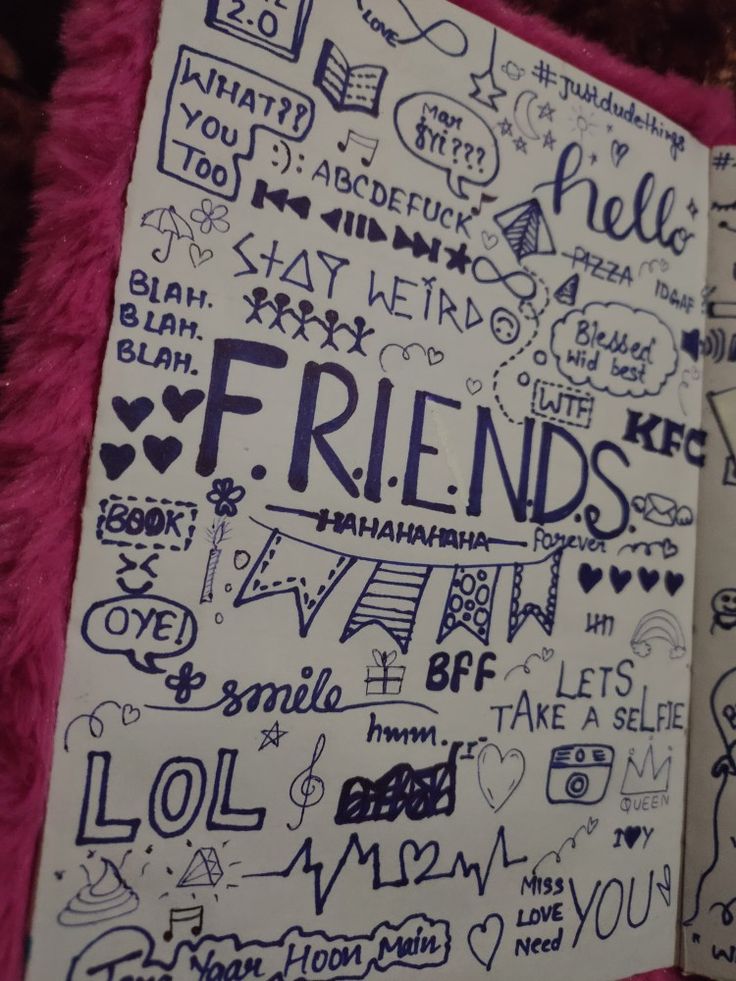 an open notebook with writing on it that says friends and other things written in black ink