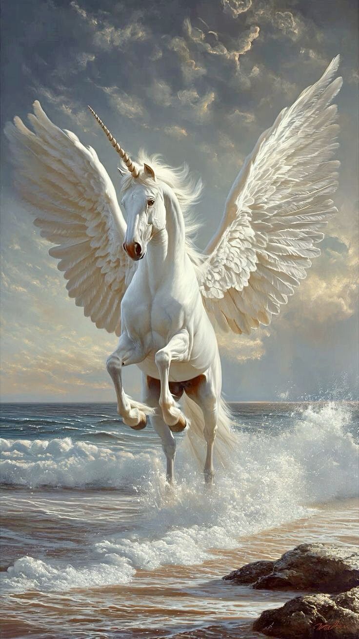 a painting of a white unicorn on the beach with wings spread out and feet in the water