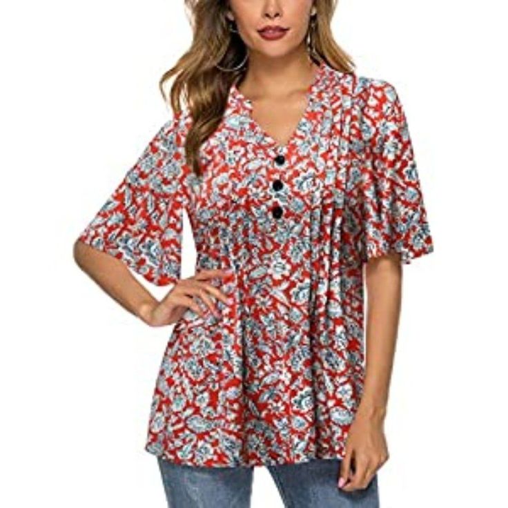 95% Polyester Features:Elegant Ruffle Sleeve, V-Neck Design, Popular Floarl Print, Short Sleeve, Cute Pleated Front, Decorative Buttons. Material:95%Polyester,5%Spandex Applicable Occasions: High-Quality Fabrics, Soft And Comfortable When Worn, The Stylish Appearance Will Give You A Lot Of Appreciation. It Is A Must-Have For Pants, Life, Work, School, And Party. Feminine Red V-neck Tops, Red Floral Print V-neck Top, Red V-neck Floral Print Top, Dress Pant Suit, Ruffled Tunic, Sweater Trends, Tops Blouse, Floral Print Shorts, Dress Pant