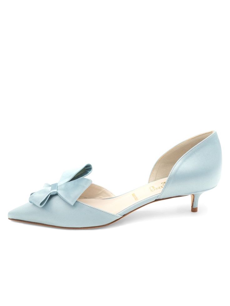 Something Bleu Women’s Cliff d'Orsay Kitten Heel in Light Blue Satin Classic Wedding Shoes With Removable Insole And Pointed Toe, Elegant Pointed Toe Flats With Removable Insole, Elegant Fitted Flat Heel Dress Shoes, Luxury Kitten Heels With Leather Sole For Party, Elegant Low Heel Pointed Toe Flats For Business, Elegant Pointed Toe Flats With Low Heel For Business, Leather Kitten Heels With Sculpted Heel For Wedding, Luxury Low Heel Kitten Heels For Wedding, Luxury Pointed Toe Flats