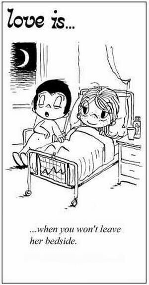 a black and white drawing of a child in bed with the caption love is when you won't leave her bed side