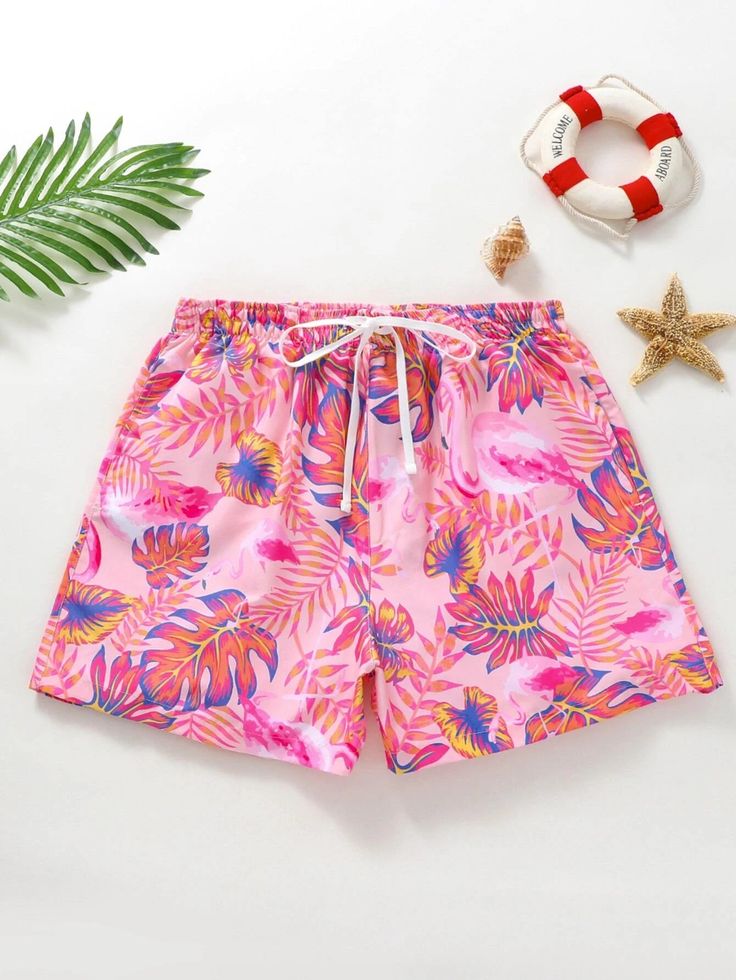 Escape to paradise with these Tropical Print Swim Trunks. The vibrant all-over print and drawstring waist make them a stylish choice for your beach adventures. Stay comfortable with the convenient pocket and non-stretch polyester fabric. Dive into summer in style! Specification: Pattern Type: Tropical, All Over Print Details: Drawstring, Pocket Type: Bottoms Bottom Type: Shorts Fabric: Non-Stretch Material: Polyester Composition: 100% Polyester Care Instructions: Machine wash, do not dry clean, Hawaiian Beach Bottoms With Elastic Waistband, Casual Swim Trunks For Beach Party In Summer, Summer Tropical Print Swim Trunks, Multicolor Hawaiian Shorts For Beach Season, Beachy Swim Trunks For Beach Season Vacation, Summer Swim Trunks With Tropical Print, Hawaiian Style Swim Trunks For Vacation, Printed Swim Trunks For Summer Vacation, Tropical Beach Shorts For Beach Season