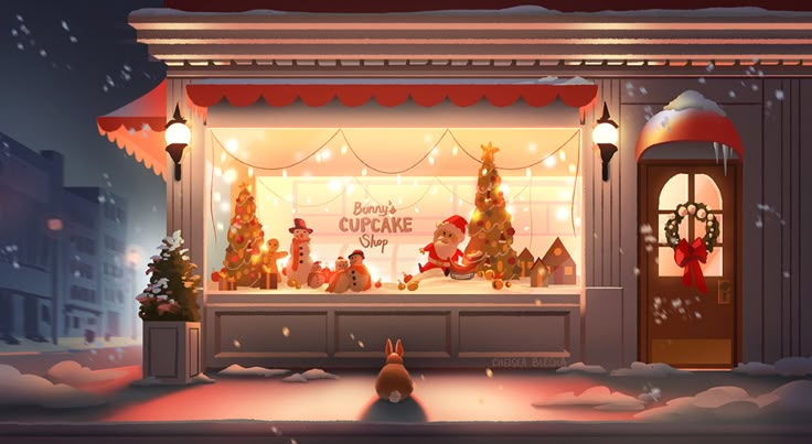 an animated image of a store front with christmas decorations on the windows and snow falling all around