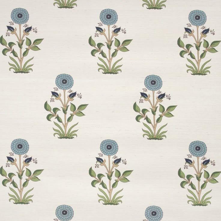 a white wallpaper with blue and green flowers on it's side, in the middle