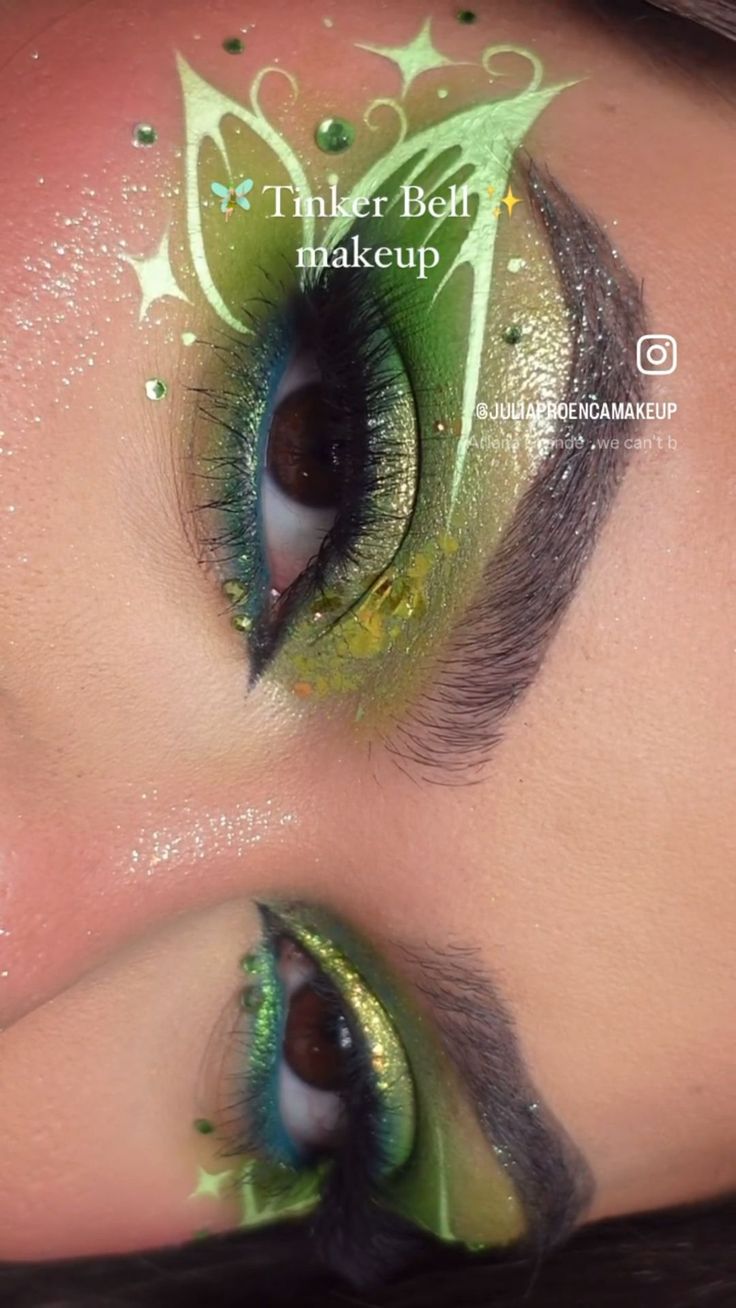 Outfit And Makeup Ideas, Female Elf Makeup, Elven Makeup Tutorial, Earth Fairy Makeup Looks, Dark Green Makeup Ideas, Tinker Bell Halloween Makeup, Fairy Makeup With Rhinestones, Fairy Garden Makeup Ideas, Fairy Face Paint Women