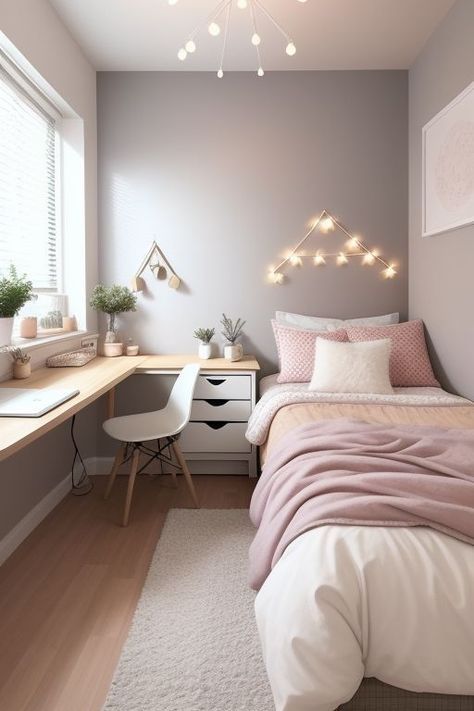 a bed room with a neatly made bed next to a desk and window sill