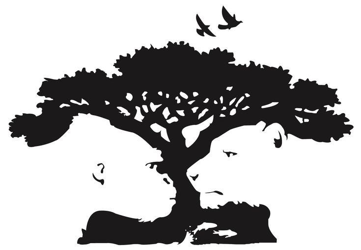 two people under a tree with birds flying around them on a white background, black and white illustration