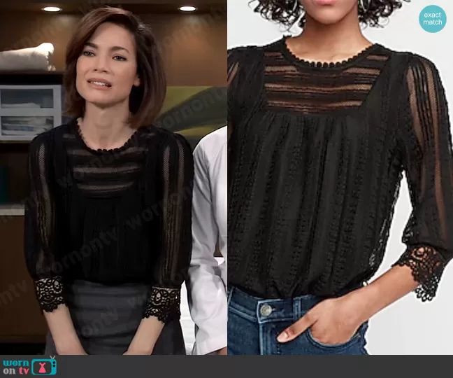 Express Lace Bib Thong Bodysuit worn by Elizabeth Webber (Rebecca Herbst) on General Hospital Elizabeth Webber, Worn On Tv, Hospital Outfit, Black Lace Top, Twisted Dress, Black Lace Tops, Black Sleeveless Dress, Satin Mini Dress, General Hospital