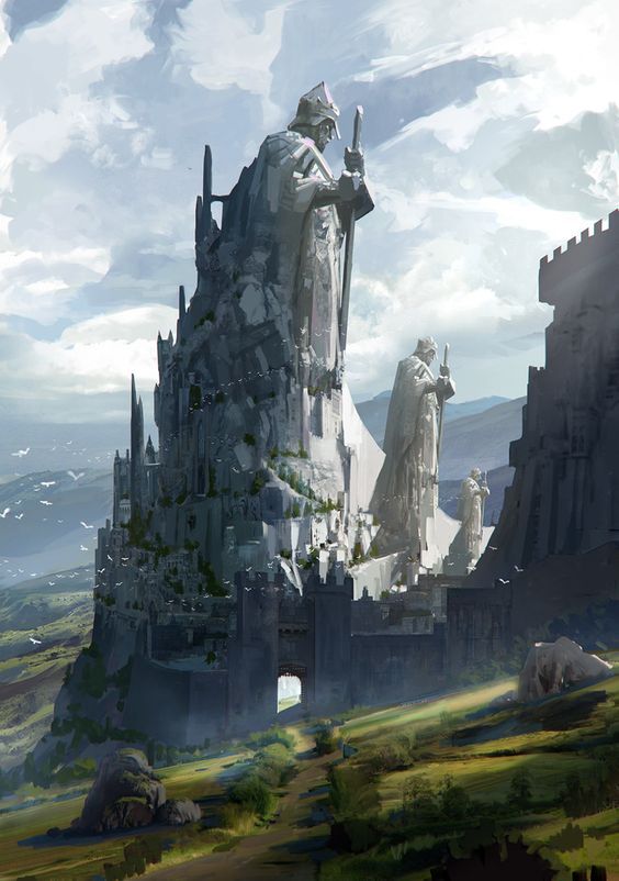 a fantasy castle in the middle of a field with two giant statues on it's side