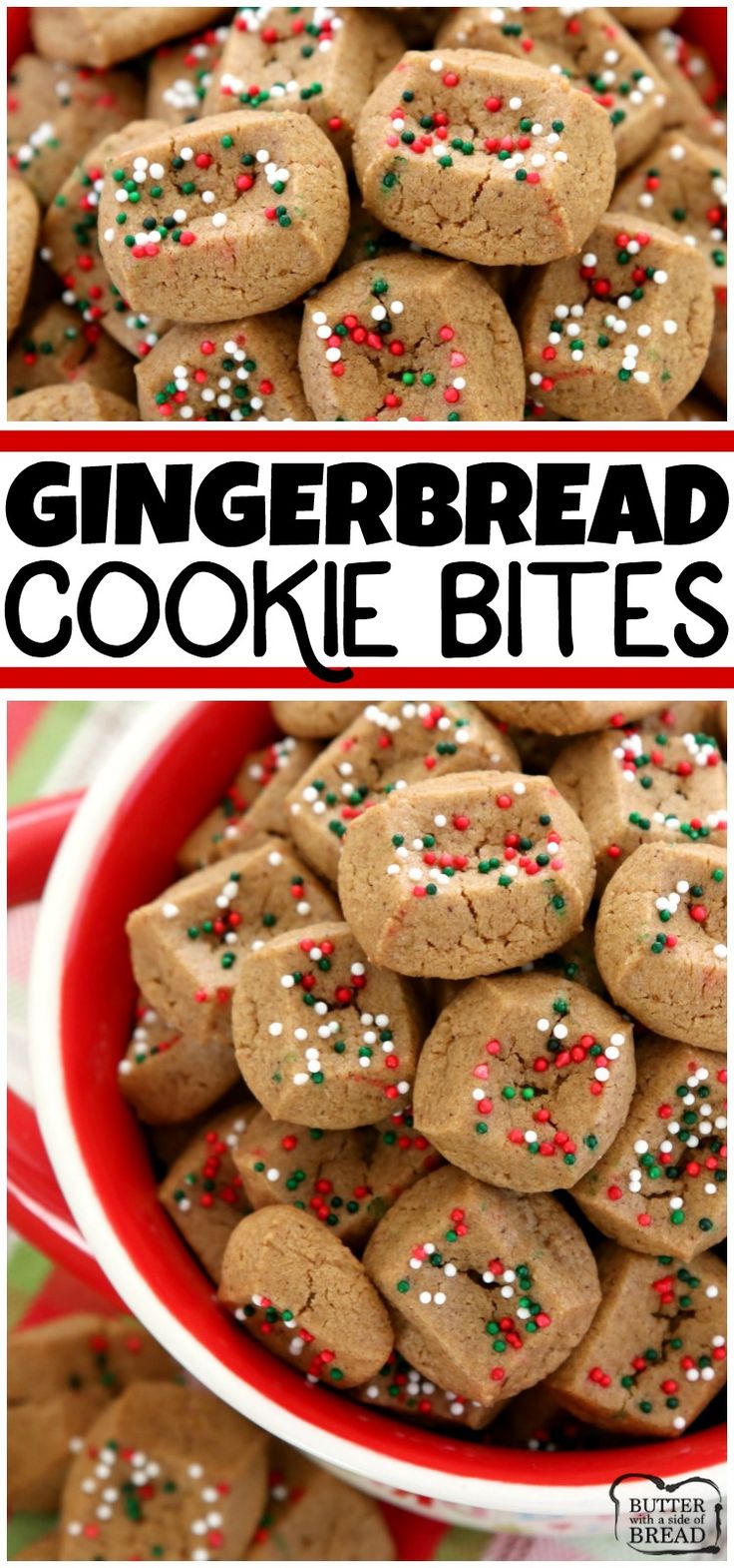 gingerbread cookies with sprinkles are in a red bowl and on the table