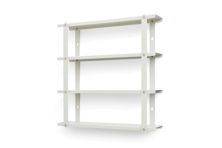 an empty shelf with three shelves on the top and one in the bottom, against a white background