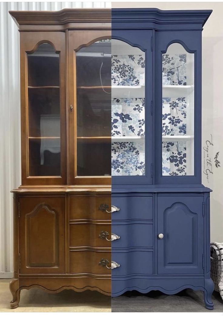 an old china cabinet is painted blue and has been refreshed with new paint