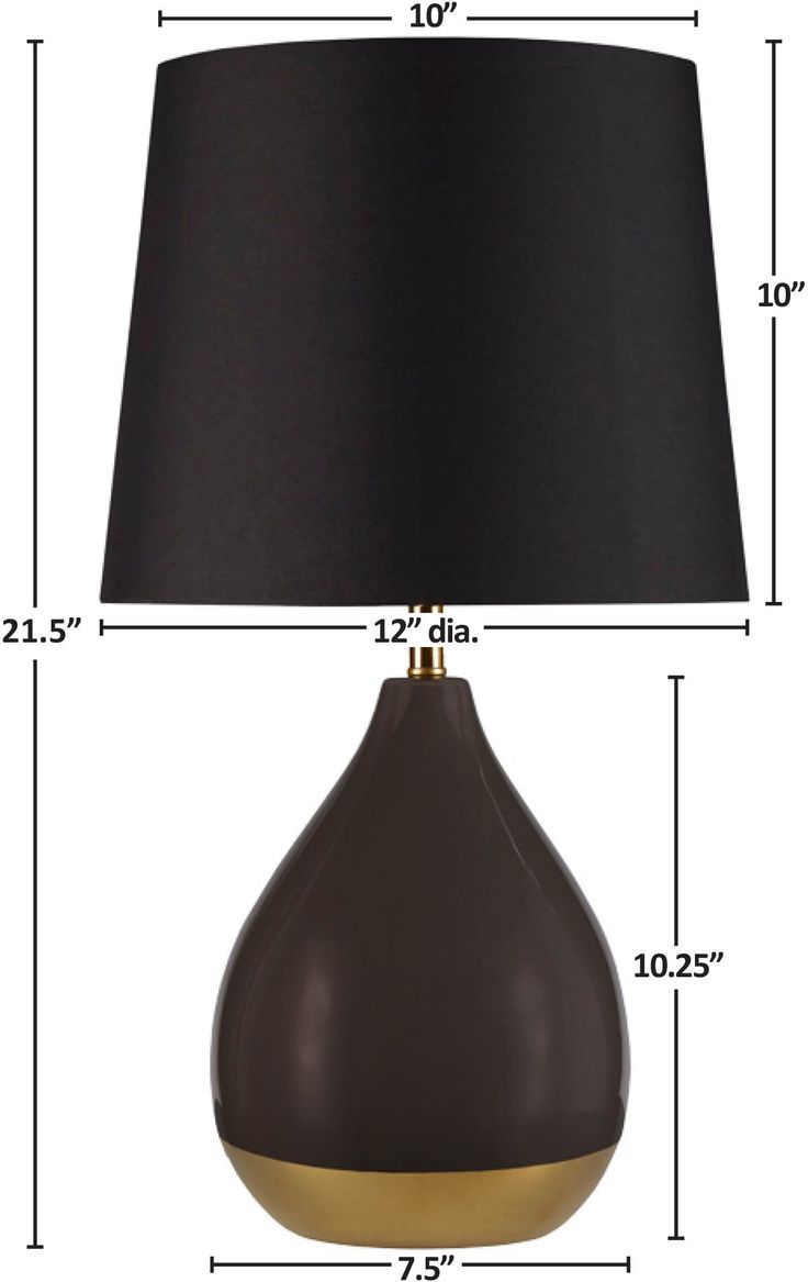 an image of a table lamp with measurements for the base and lampshade on it