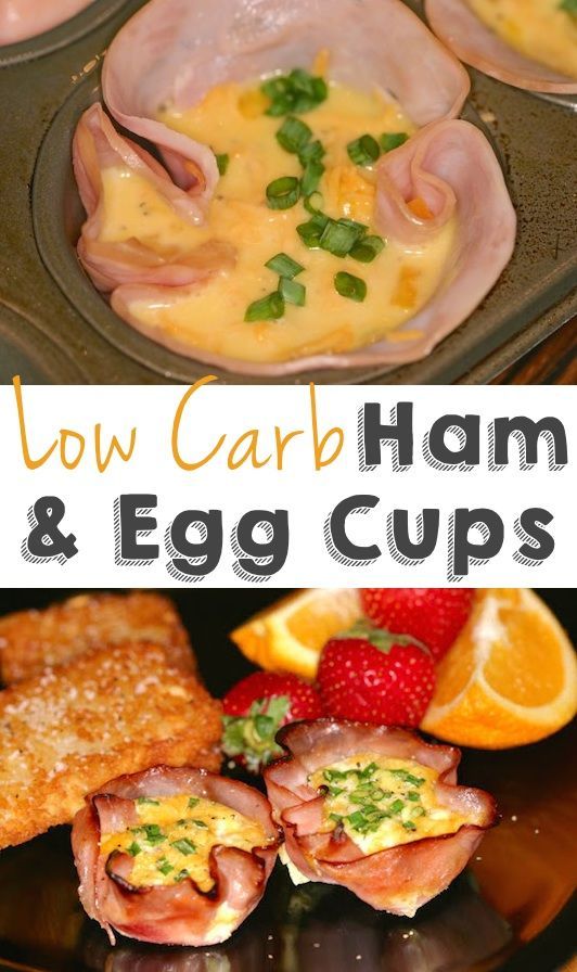 ham and egg cups in muffin tins with strawberries