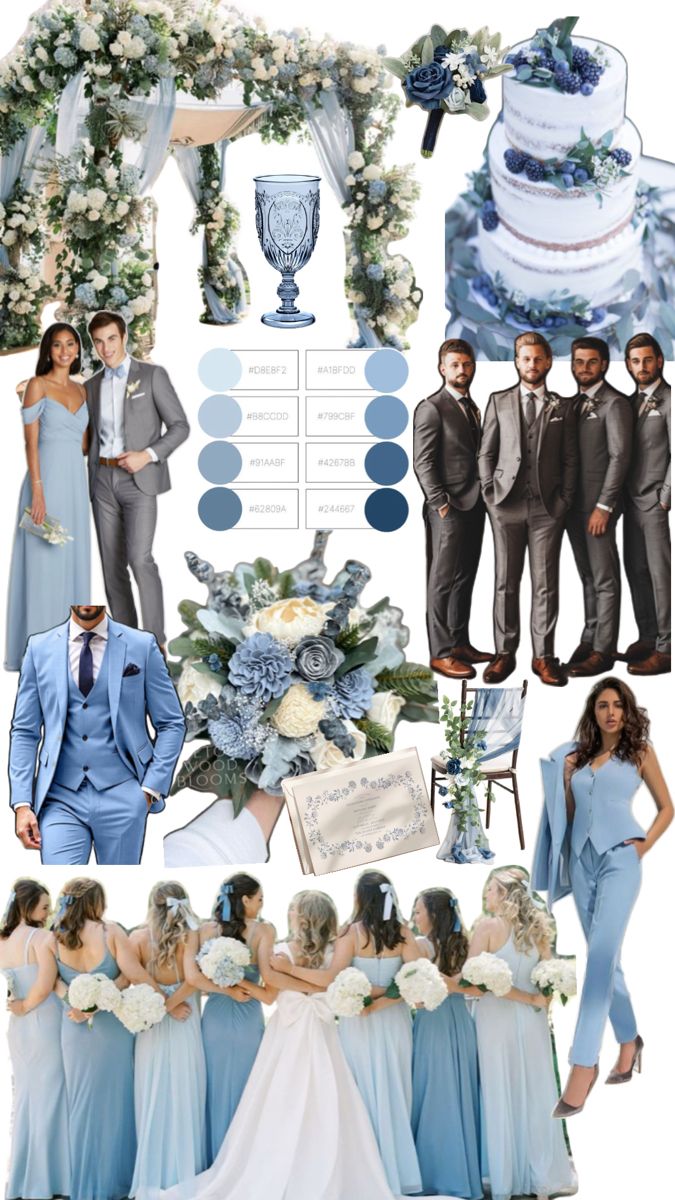 a collage of blue and gray wedding color palettes for the bride and groom