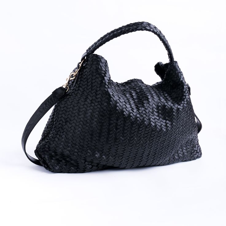 Handmade Woven Original Black Leather Bag Black Woven Leather Hobo Bag For On-the-go, Handwoven Leather Bucket Bag With Double Handle, Handwoven Leather Double Handle Bucket Bag, Woven Leather Bag With Double Handle, Luxury Handwoven Shoulder Bag With Double Handle, Handwoven Leather Hobo Bag, Woven Leather Hobo Bag With Double Handle, Leather Woven Hobo Bag With Double Handle, Leather Woven Double Handle Hobo Bag