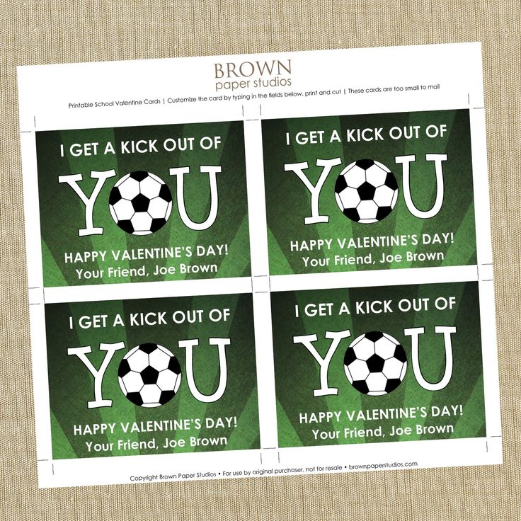 four valentine's day stickers with soccer balls on the front, and i get a kick out of you on the back