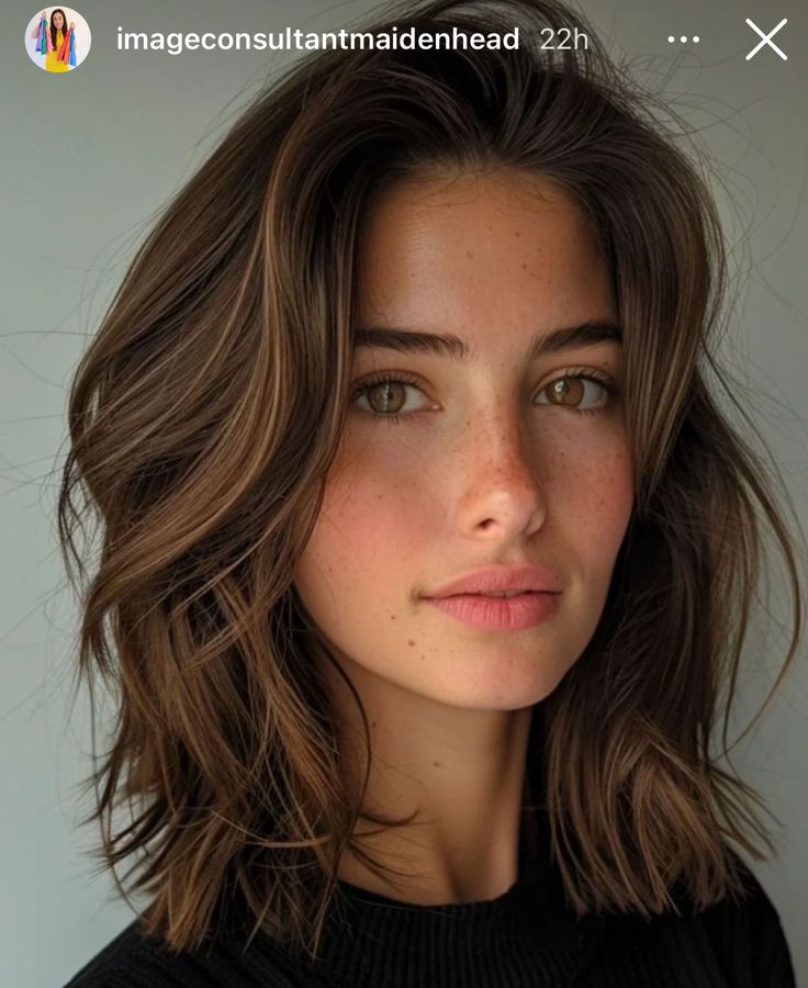 Womens Short Wavy Hairstyles, Long Bob Brunette Balayage, Half Lange Bob, Clavi Cut Hair, 90s Layered Bob Shoulder Length, Narrow Face Hairstyles, Haircuts Short Hair Shoulder Length, Long Italian Bob, Classic Haircuts Women