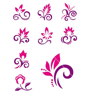 various floral designs in purple and pink on a white background stock photo, flower design, graphic