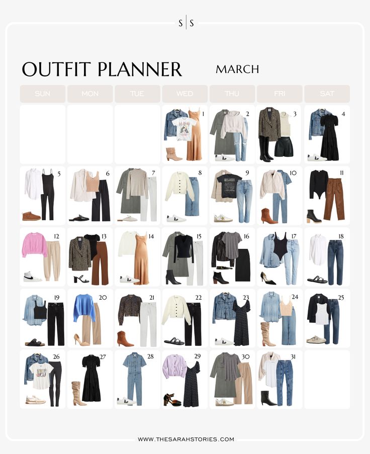 Outfit Ideas For March, Monthly Outfit Planner, Planner March, Best Wood For Carving, Outfit Calendar, March Outfits, Capsule Wardrobe Women, Outfit Planner, Classic Capsule Wardrobe