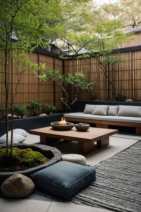 an outdoor living area with couches, tables and trees