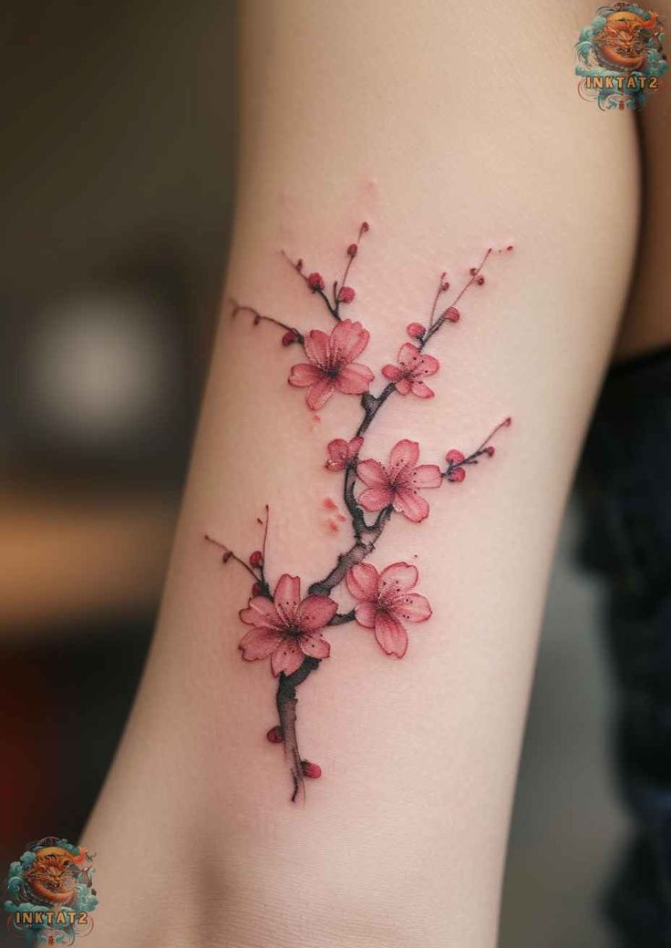 a woman's arm with pink flowers on the left side of her body,