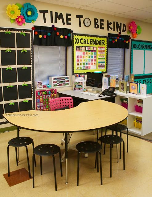 an empty classroom with tables and chairs in front of the chalkboard that says time to be kind