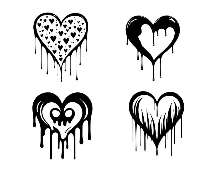 four different heart shapes with dripping paint and hearts in the middle, black and white