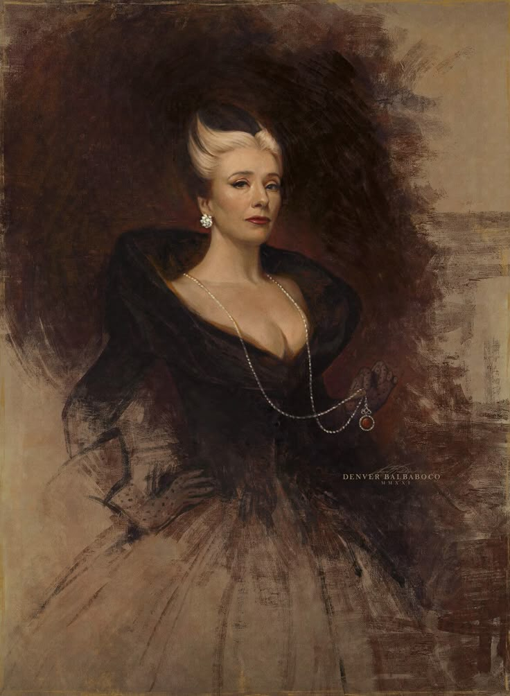 a painting of a woman in a black dress with pearls on her neck and shoulders