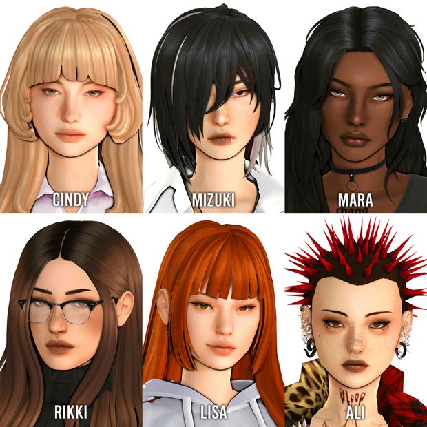 four different hairs styles for females with red hair and black eyeliners are shown