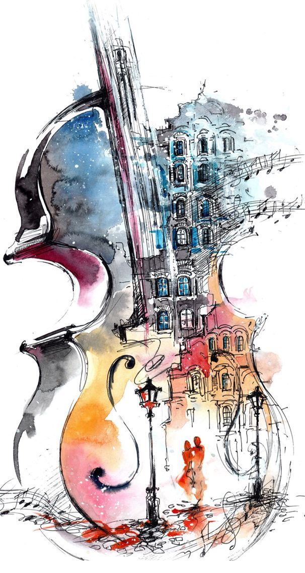 a drawing of a violin with buildings in the background and watercolors on paper