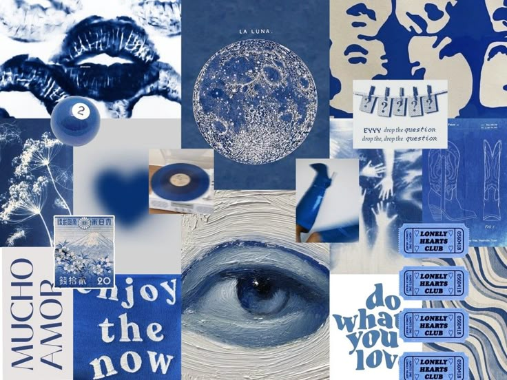 collage of blue and white images with words written in different languages, including an eye