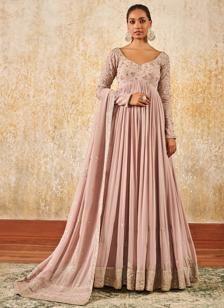 Mauve Embroidered Georgette Anarkali Astha Narang, Dupatta Embroidery, Gharara Suits, Engagement Lehenga, Georgette Anarkali, Half Saree Lehenga, Celebrity Closet, Georgette Dupatta, Georgette Tops