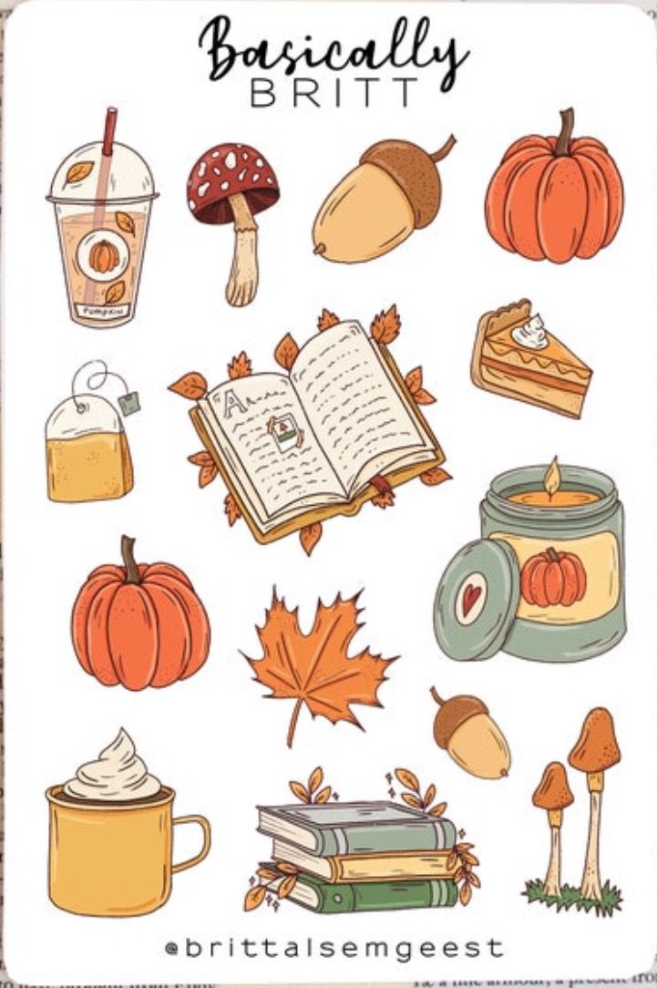 an autumn sticker sheet with books, pumpkins and other fall related items on it