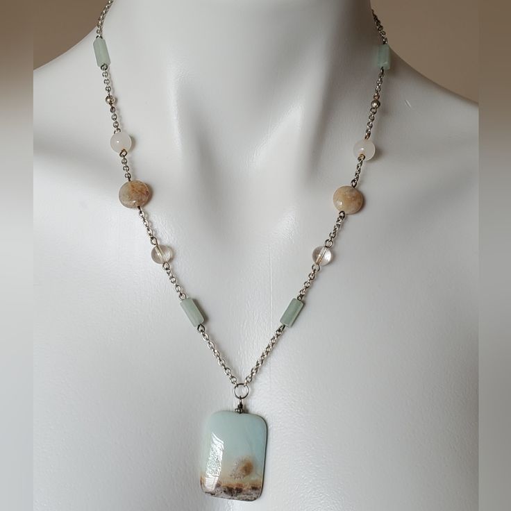 Silver Tone Chain And Amazonite Pendant With Adventurine, White Jade, Botswanna Agate And Clear Quartz Beads. Never Worn Long Agate Beaded Chain Necklaces, Long Agate Beaded Chain Necklace, Handmade Elegant Amazonite Necklace, Elegant Handmade Amazonite Beaded Necklace, Handmade Glass Jewelry With Rectangular Pendant, Handmade Glass Long Necklace For Gift, Handmade Glass Rectangular Pendant Jewelry, Agate Beaded Chain Necklace For Gift, Handmade Amazonite Pendant Necklace