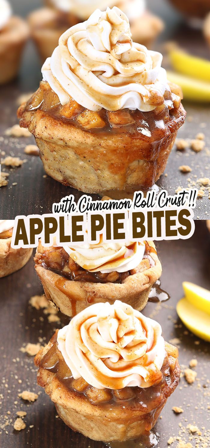 three apple pies with cinnamon roll crust on top and the title overlay reads apples pie bites