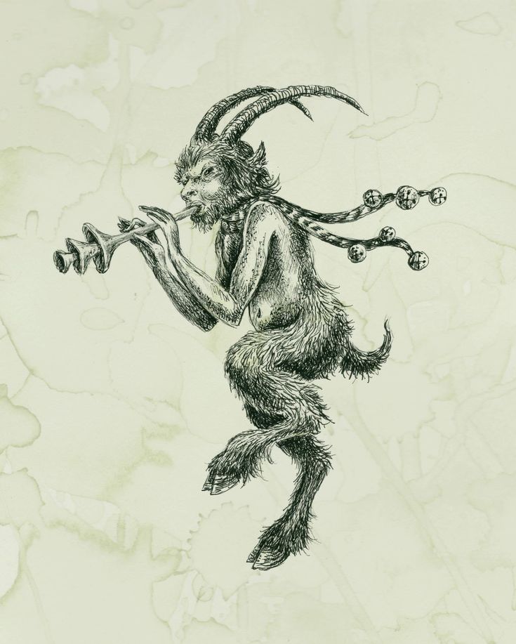 a drawing of a demon with horns and long legs holding a pipe in its mouth