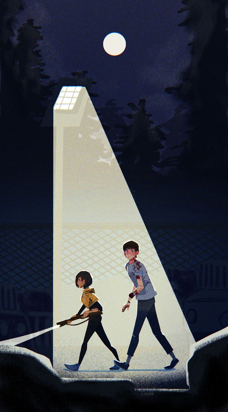 two people are walking in front of a tall building with a light shining on them